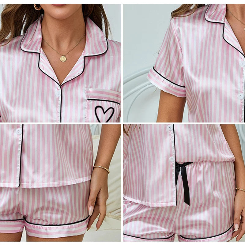 Womens Pajama Set Victoria Style Summer Satin Striped Embroidered Short Sleeve Top Short Pants Two piece Casual Home Clothes Set