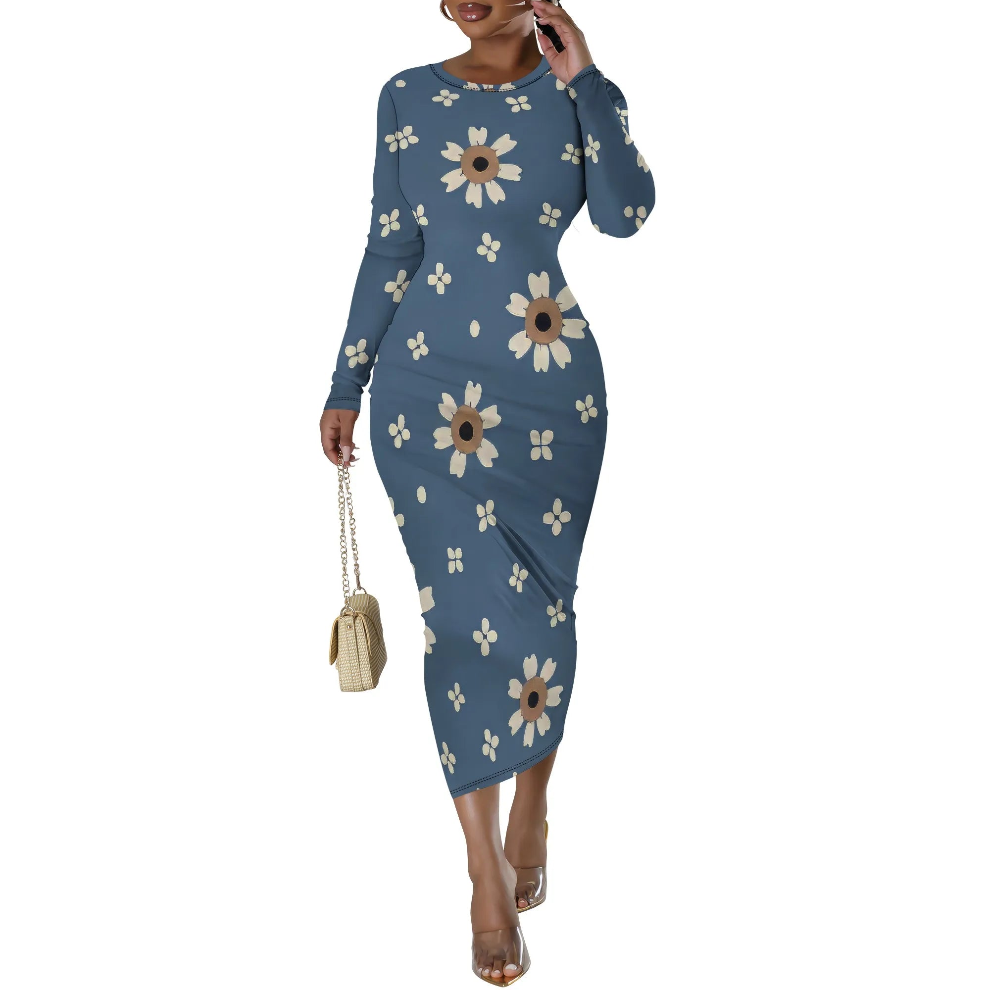 Women's Casual Basic Pencil Dress Sexy Long Sleeve Bodycon Midi Club Dress