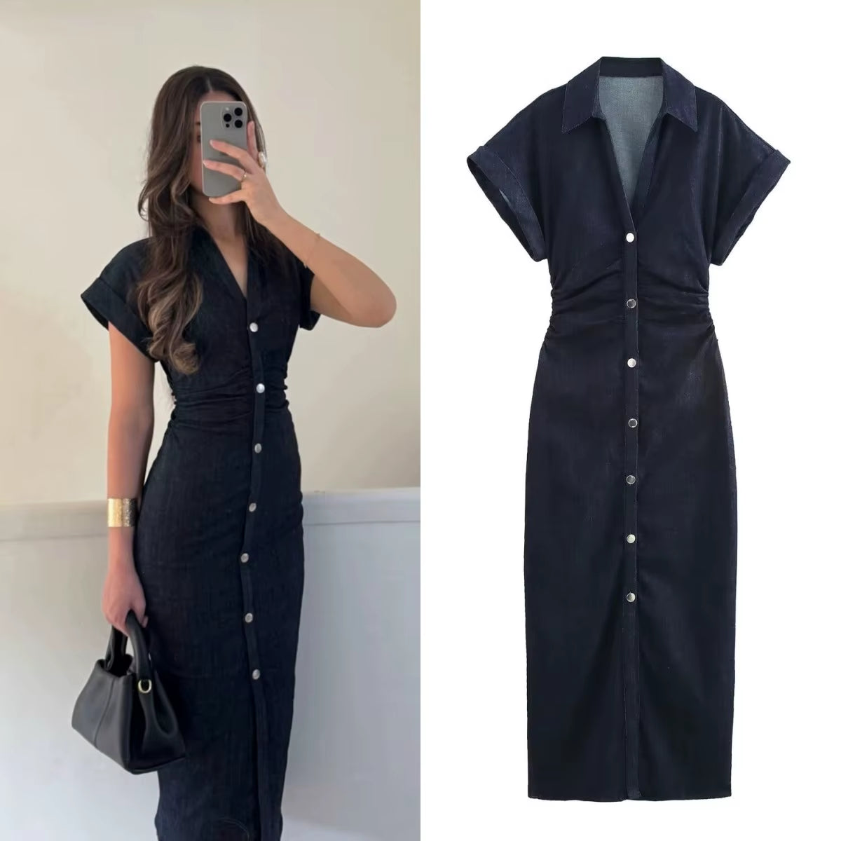 2025 Spring New 1975 Series Denim MIDI Dress with Lapel Side Zipper Fashion Wrinkle Waist Slim Elegant Dress