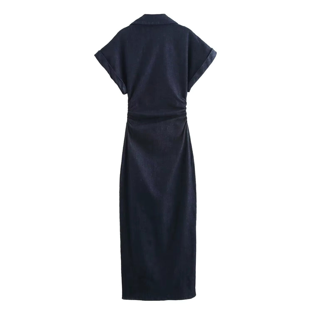 2025 Spring New 1975 Series Denim MIDI Dress with Lapel Side Zipper Fashion Wrinkle Waist Slim Elegant Dress