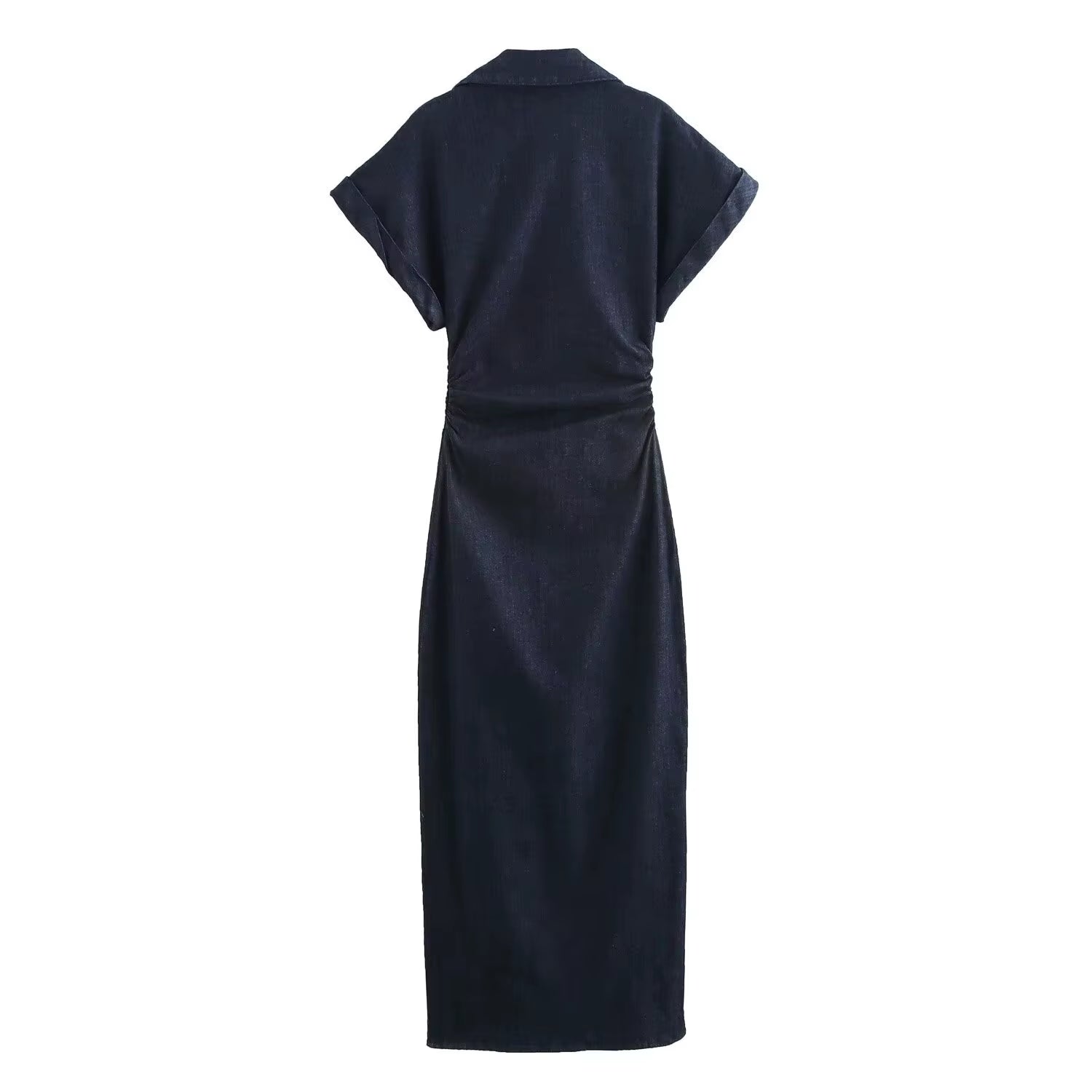 2025 Spring New 1975 Series Denim MIDI Dress with Lapel Side Zipper Fashion Wrinkle Waist Slim Elegant Dress