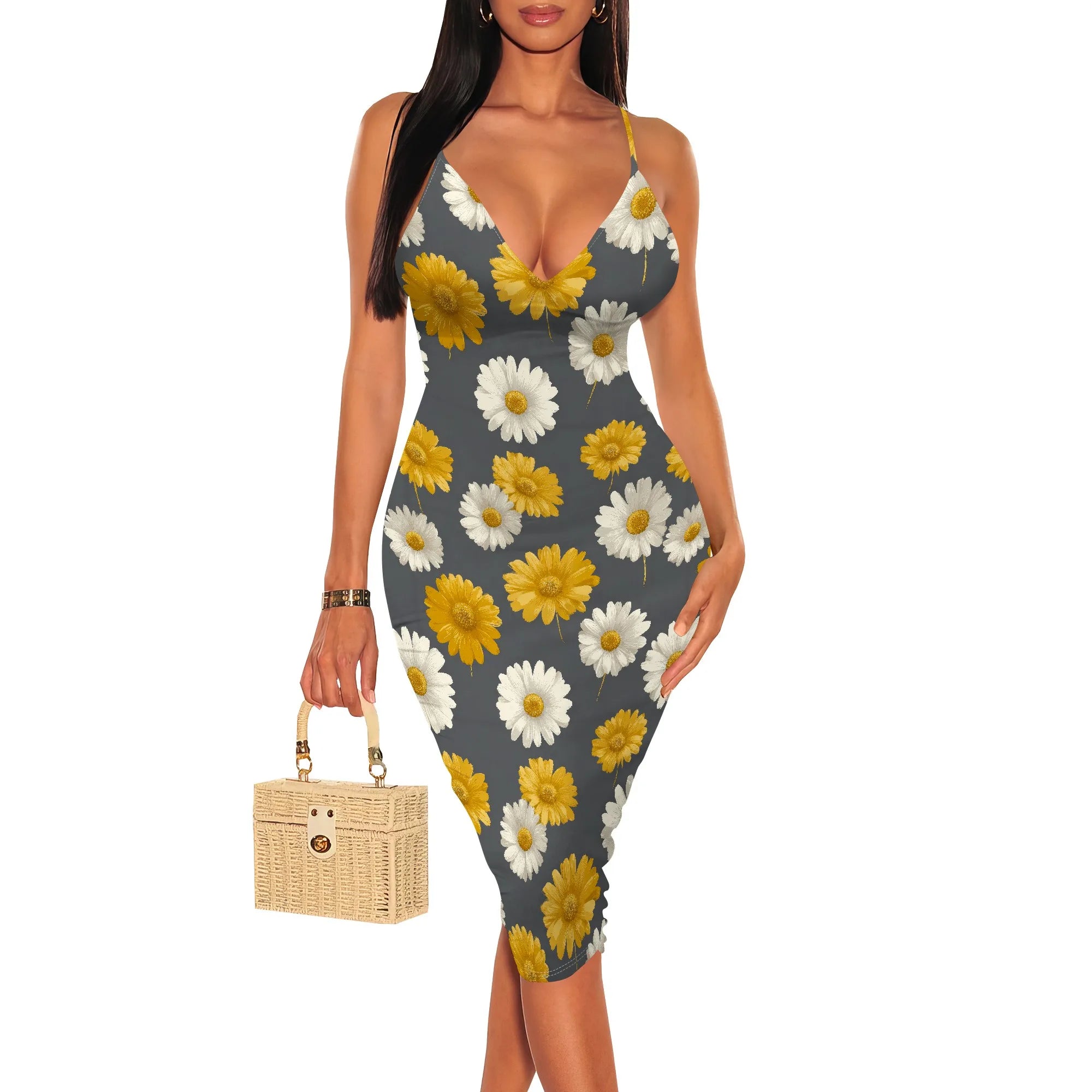 Women's Summer Bodycon Dress Sleeveless Spaghetti Strap Party Casual Pair Sexy Deep V Neck Floral Print Pencil Skirt