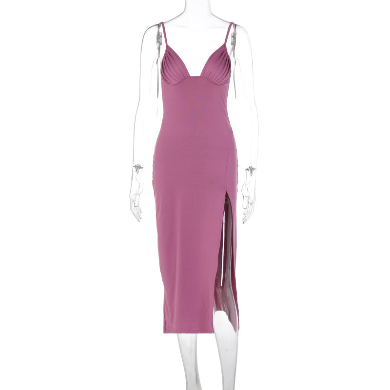 Elegant Spaghetti Strap Bodycon Dress with Deep V-Neck and Split Design for Women