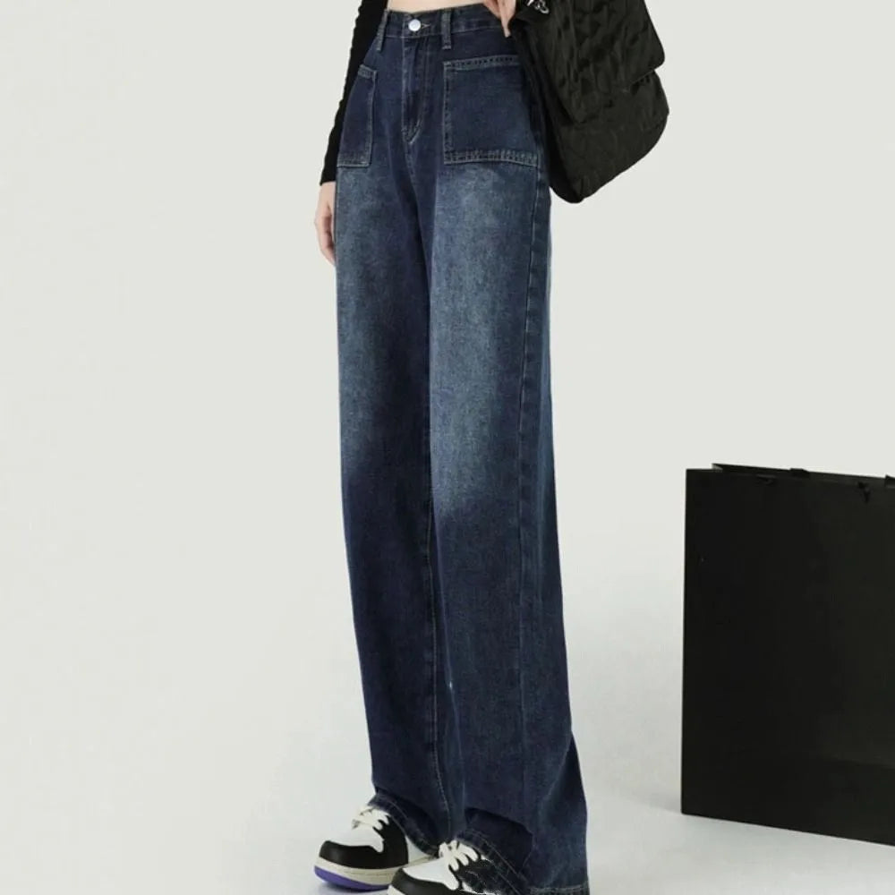 Korean Baggy Denim Jeans Wide Leg Retro Jeans Women Y2k Straight Leg Ins Style High Waist Pants Party