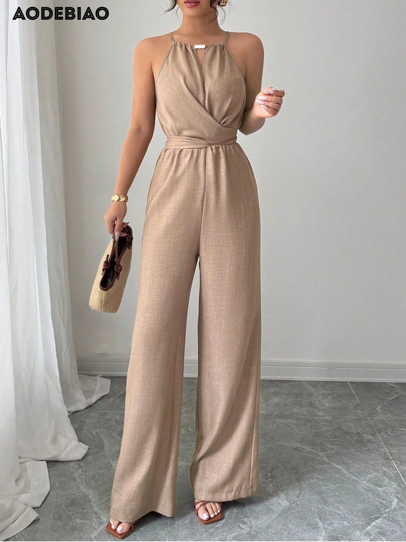 Women's Jumpsuits Summer Sleeveless Solid Fashion Bandage O- Neck Sexy Slim Folds Jumpsuits Casual Streetwear Simple Jumpsuits