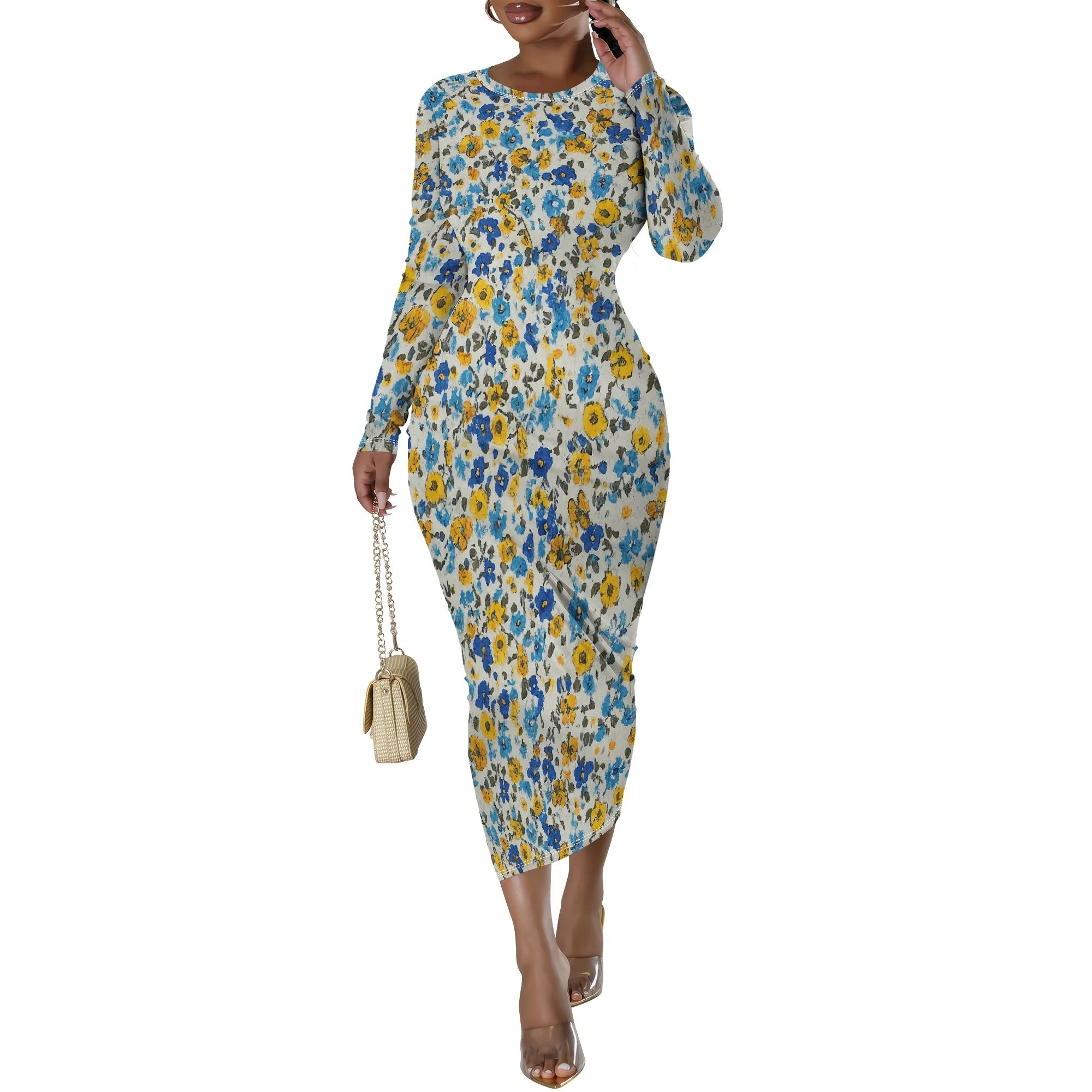 Women's Casual Basic Pencil Dress Sexy Long Sleeve Bodycon Midi Club Dress