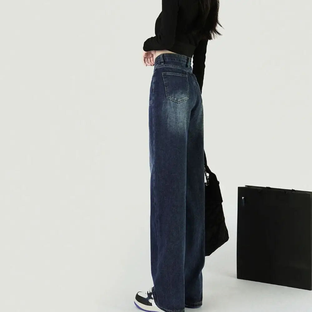 Female Clothing Baggy Denim Jeans Straight Leg Retro Cowboy Pants Wide Leg Ins Style High Waist Pants Girls
