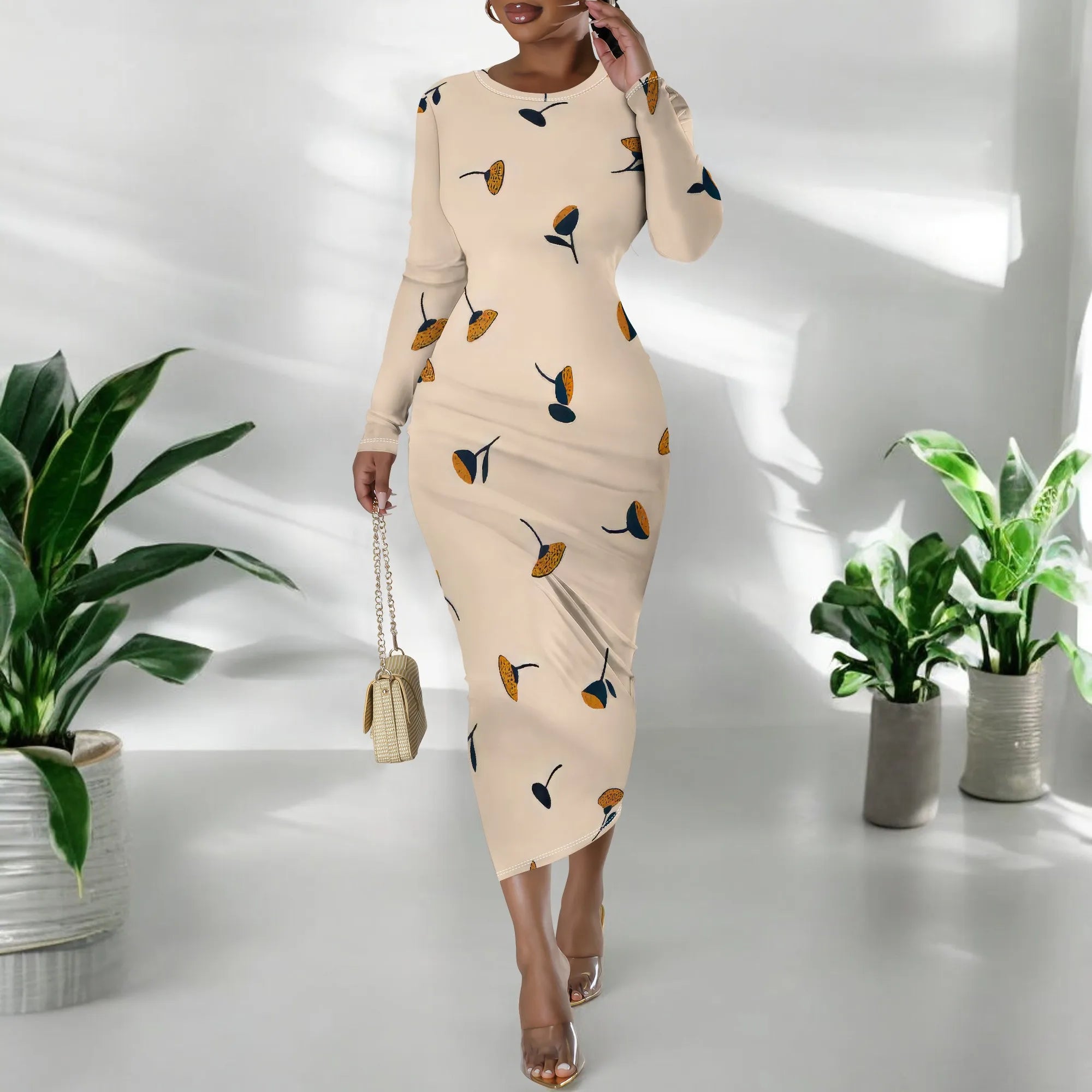 Women's Casual Basic Pencil Dress Sexy Long Sleeve Bodycon Midi Club Dress