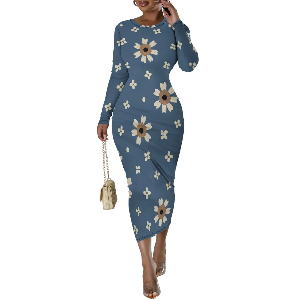 Women's Casual Basic Pencil Dress Sexy Long Sleeve Bodycon Midi Club Dress