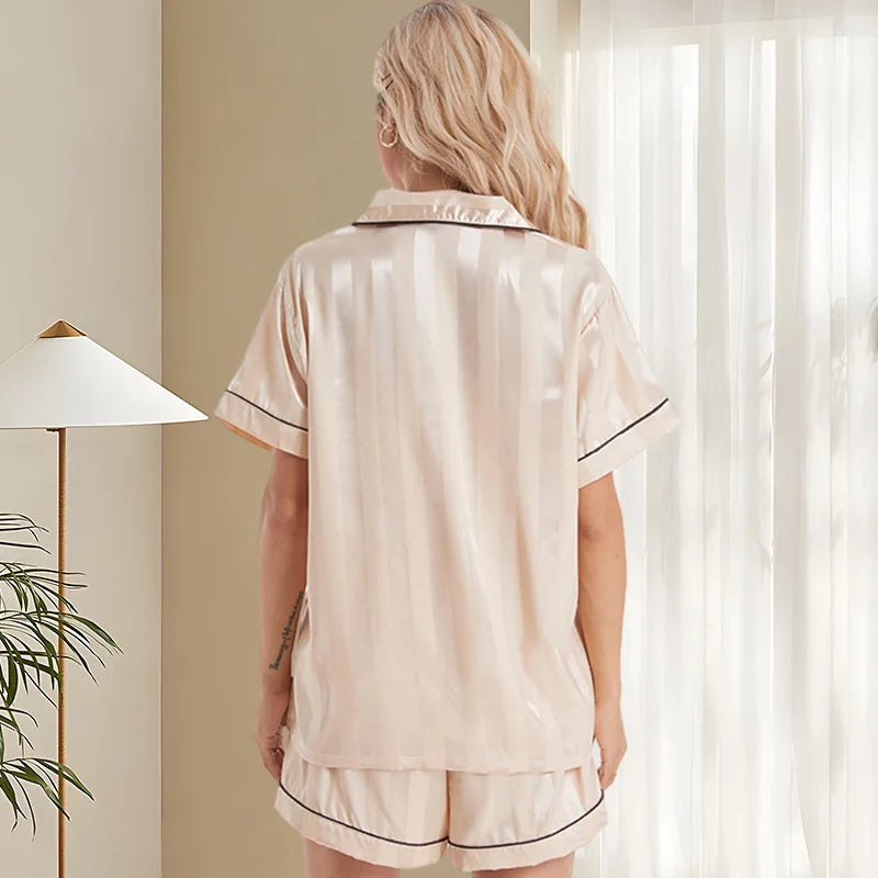 Women's Striped Jacquard Pajama Set Cooling Silk-Like Short Sleeve & Lounge Shorts Summer Turn Down Collar Two Piece Sleep Suit