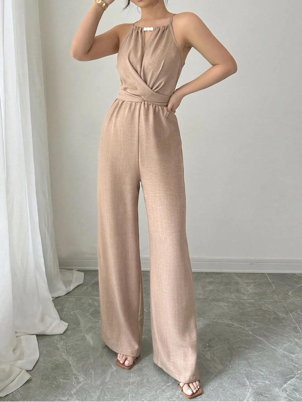 Women's Jumpsuits Summer Sleeveless Solid Fashion Bandage O- Neck Sexy Slim Folds Jumpsuits Casual Streetwear Simple Jumpsuits