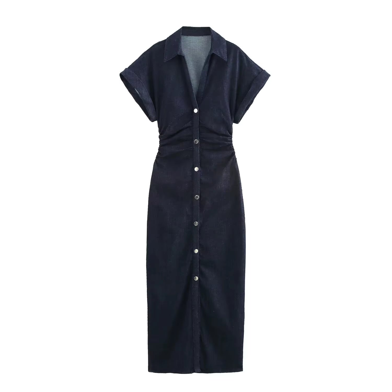 2025 Spring New 1975 Series Denim MIDI Dress with Lapel Side Zipper Fashion Wrinkle Waist Slim Elegant Dress