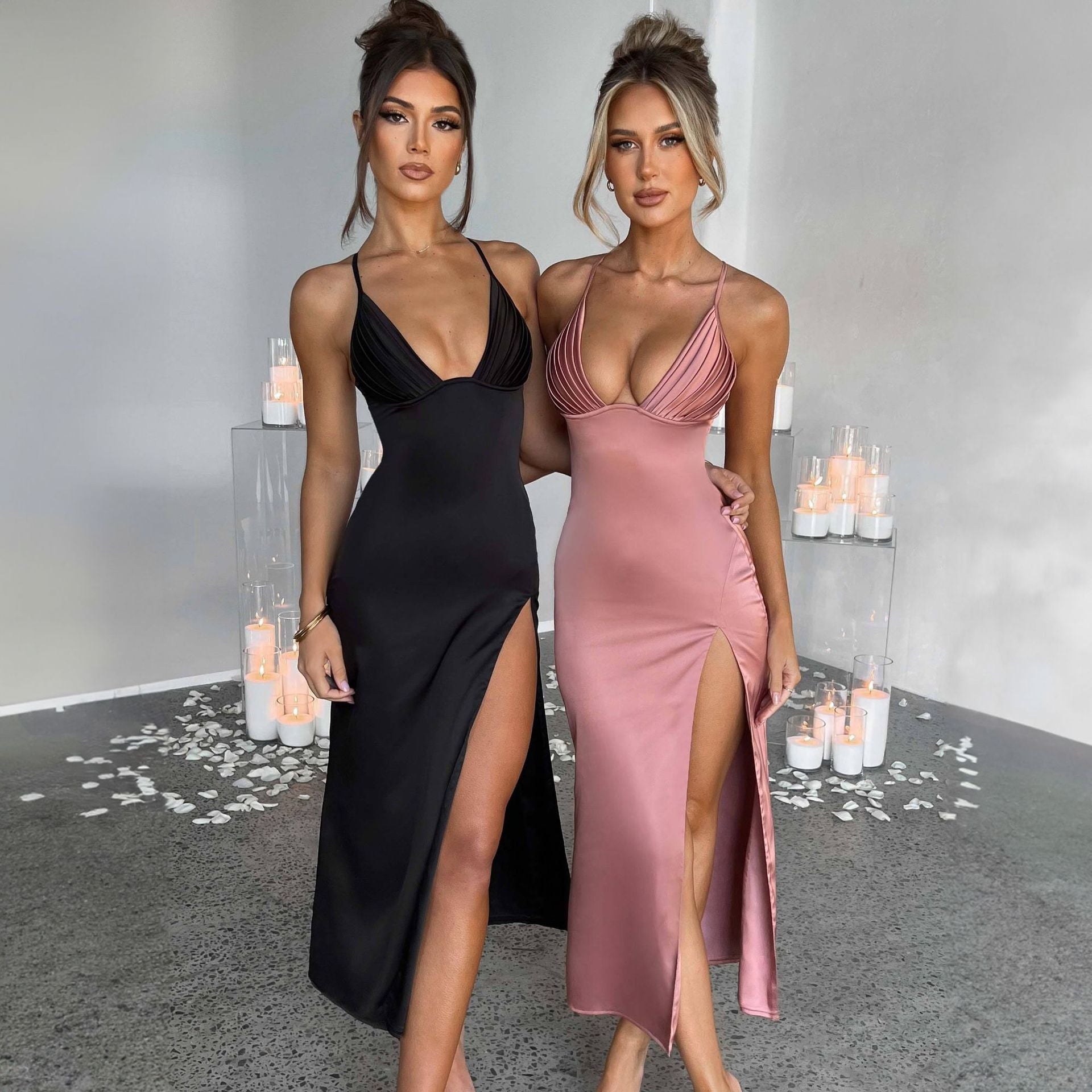 Elegant Spaghetti Strap Bodycon Dress with Deep V-Neck and Split Design for Women