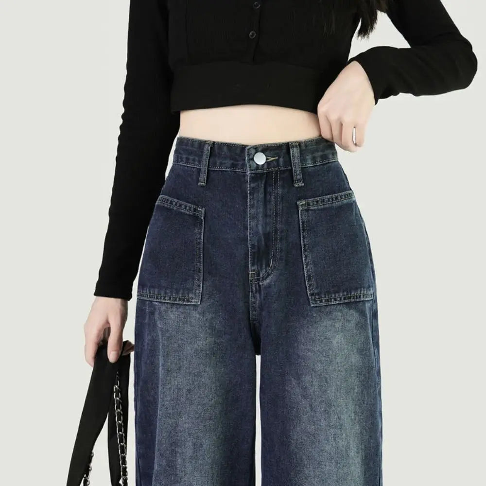 Female Clothing Baggy Denim Jeans Straight Leg Retro Cowboy Pants Wide Leg Ins Style High Waist Pants Girls