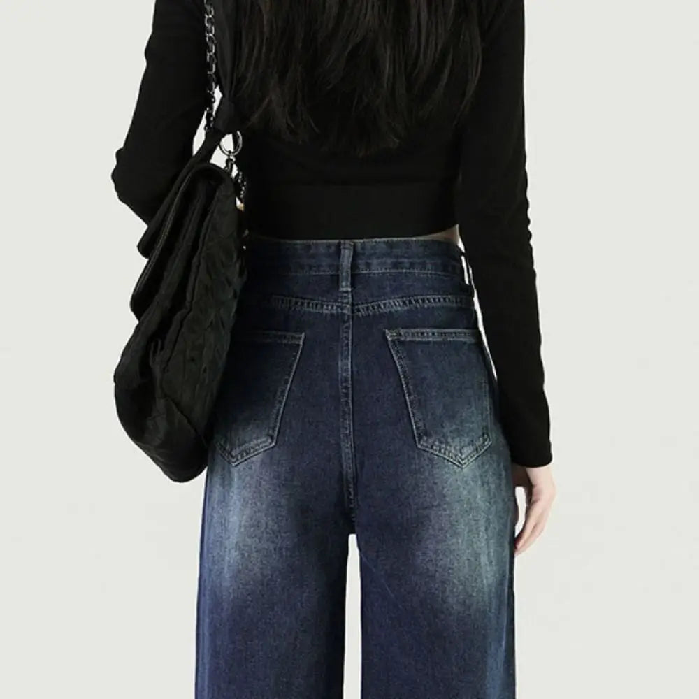Korean Baggy Denim Jeans Wide Leg Retro Jeans Women Y2k Straight Leg Ins Style High Waist Pants Party